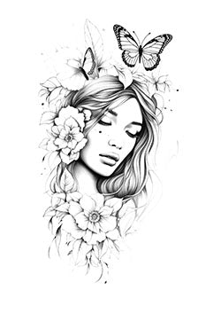 Tattoo template of a peaceful woman with flowers and butterflies