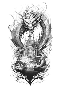 Tattoo template of a dragon and castle