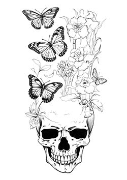 Tattoo template of a skull with flowers and butterflies symbolizing transformation and the cycle of life and death