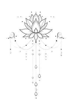 Tattoo template of a delicate lotus with intricate chains and dots.