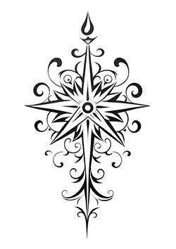 Tattoo template of an ornamental compass design with elegant flourishes