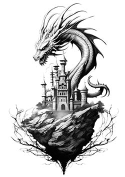 Tattoo template of a dragon around a castle on a floating island