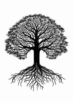 Tattoo template of a tree with extensive branches and intricate roots representing growth and interconnectedness