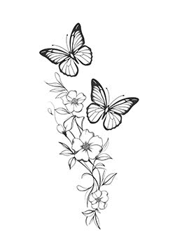 Tattoo template of butterflies hovering over blooming flowers, capturing nature's elegance and grace