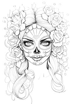 Tattoo template of a sugar skull woman with blooming roses surrounding her