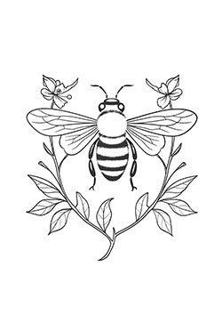 Tattoo template of a bee with surrounding flowers