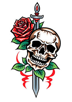 Tattoo template of a skull impaled by a sword with a red rose