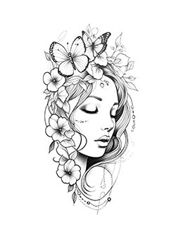 Tattoo template of a serene woman with closed eyes surrounded by flowers and butterflies, evoking peace and natural beauty