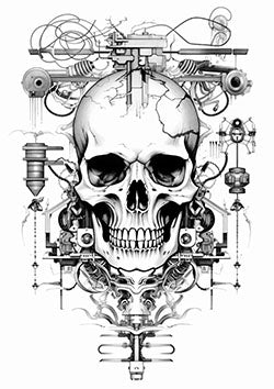 Tattoo template of a mechanical skull entwined with gears and machinery.