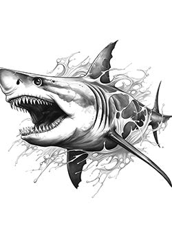 Tattoo template of a powerful shark splashing with open mouth