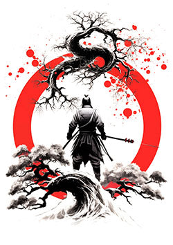 Tattoo template of a samurai with red sun and waves