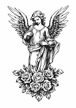 Tattoo template of an angel with wings surrounded by roses