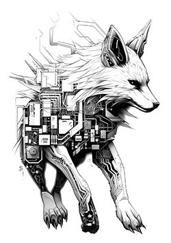 Tattoo template of a cybernetic fox design