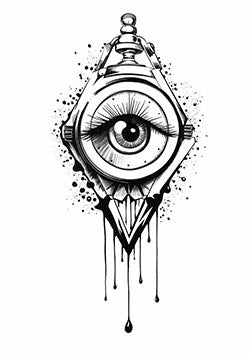 Tattoo template of a detailed eye within a pen tip with ink droplets