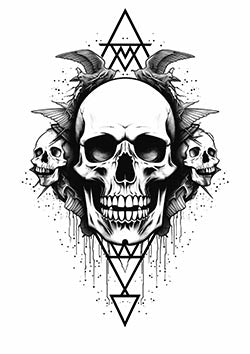 Tattoo template of a symmetric skull with wings and symbols