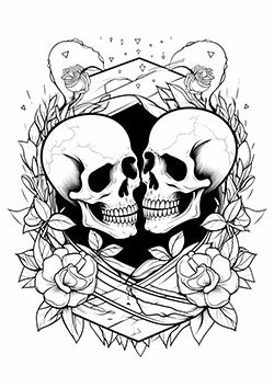 Tattoo template of a pair of entwined skulls surrounded by roses and leaves, symbolizing eternal love