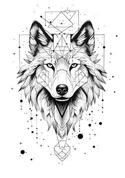 Tattoo template of a geometric wolf with celestial accents