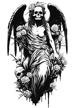 Tattoo template of a skeletal angel with roses and dark wings