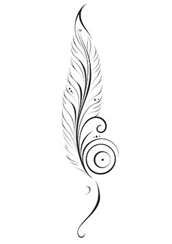 Tattoo template of a delicately ornate feather with swirling lines and circular patterns