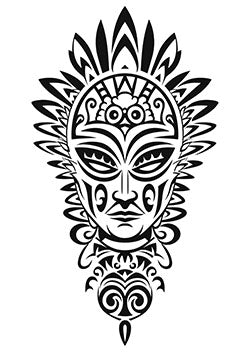 Tattoo template of a tribal mask with detailed patterns and feathers