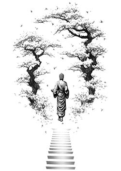 Tattoo template of a figure climbing stairs, flanked by cherry blossoms and birds