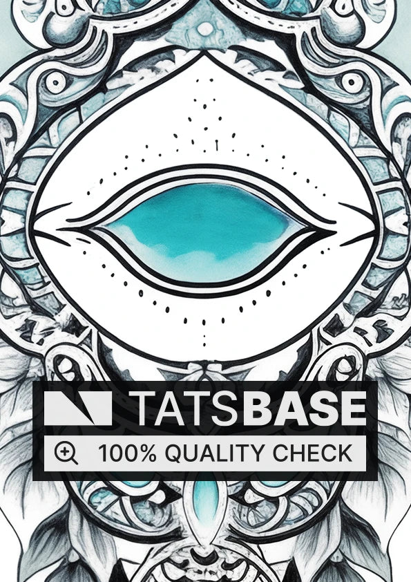 Tattoo template of a turquoise eye with ornate floral and geometric designs