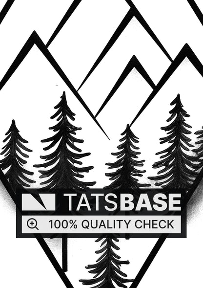 Tattoo template of a geometric mountain with evergreen trees