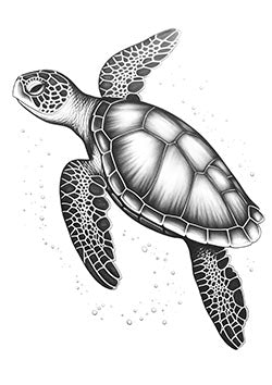 Tattoo template of a detailed sea turtle gliding with intricate shell patterns