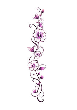 Tattoo template of a floral vine with purple and pink blossoms and leaves