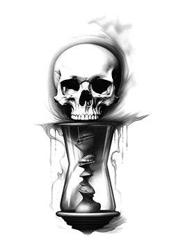 Tattoo template of a skull atop an hourglass with dripping liquid representing time and mortality