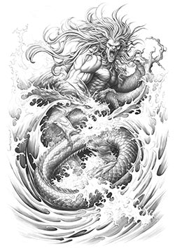 Tattoo template of an enraged Poseidon with a sea dragon