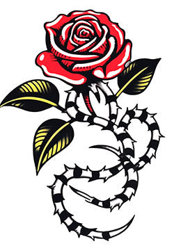 Tattoo template of a red rose with black and white thorns