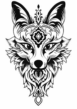 Tattoo template of a symmetrical ornate fox face.