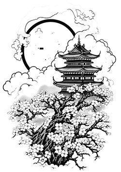 Tattoo template of a pagoda with cherry blossoms and crescent moon