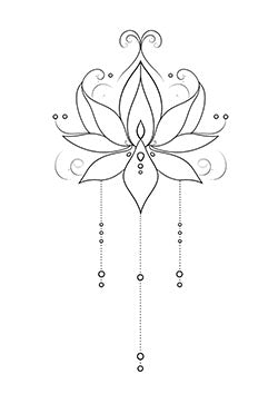 Tattoo template of a lotus flower with intricate dot work and hanging elements