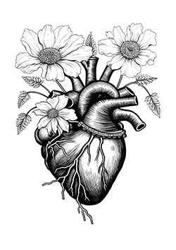 Tattoo template of a detailed heart with blooming flowers