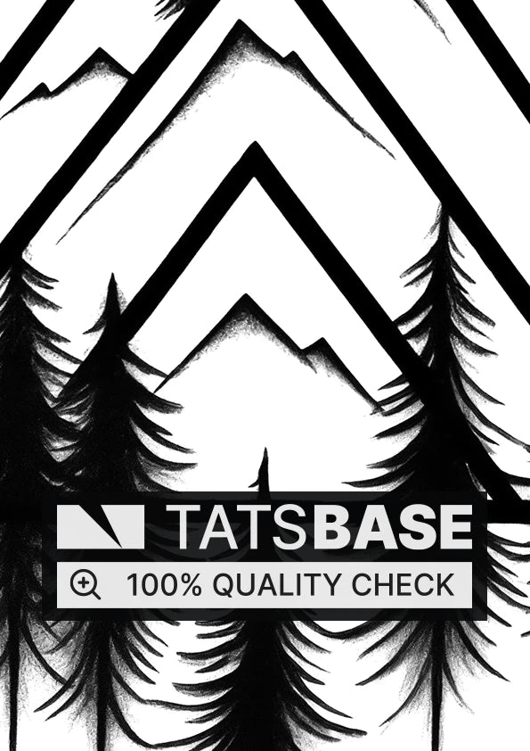 Tattoo template of a mountain and pine trees in a triangular frame