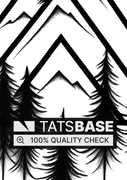 Tattoo template of a mountain and pine trees in a triangular frame