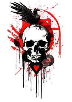 Tattoo template of a black raven on a skull with red splatters and heart image