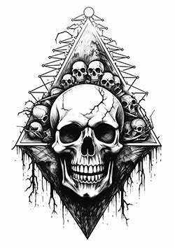 Tattoo template of a haunting skull amid symmetrical elements