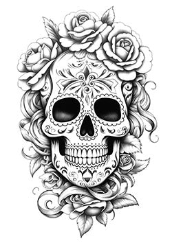 Tattoo template of a detailed sugar skull with roses and feathers