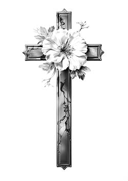 Tattoo template of a floral cross with a large blossom, symbolizing faith and natural beauty.