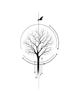 Tattoo template of a geometric tree with a bird flying above within a circular design