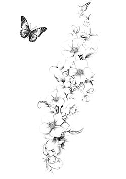 Tattoo template of a floral bouquet intertwined with butterflies