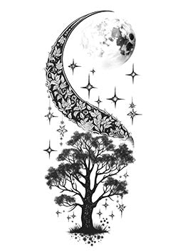 Tattoo template of a decorative moon with stars and a tree.