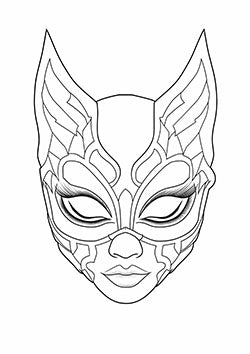 Tattoo template of a woman wearing a detailed cat mask, symbolizing mystery and strength