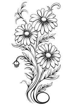 Tattoo template of three daisies with detailed foliage