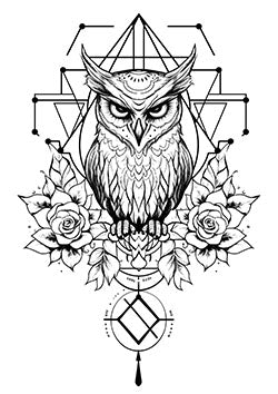 Tattoo template of an owl with geometric and floral designs