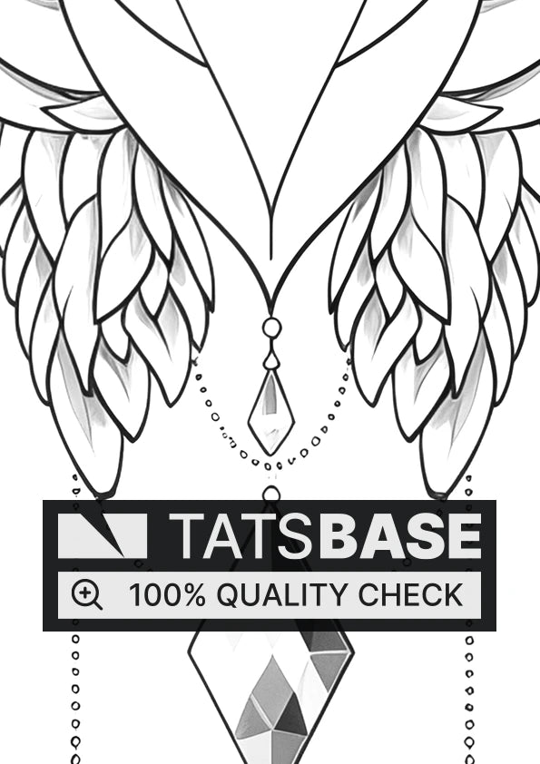 Tattoo template of a pair of angel wings with dangling gemstones and bead chains