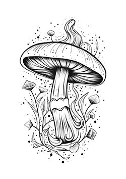 Tattoo template of a large mushroom with surrounding flowers and spores